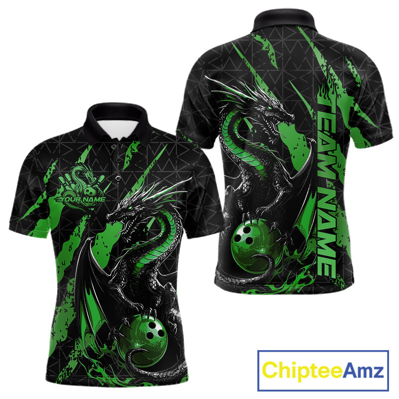 Custom Black And Green Dragon Bowling Men Polo Shirts, Team Bowling Jerseys IPHW10750