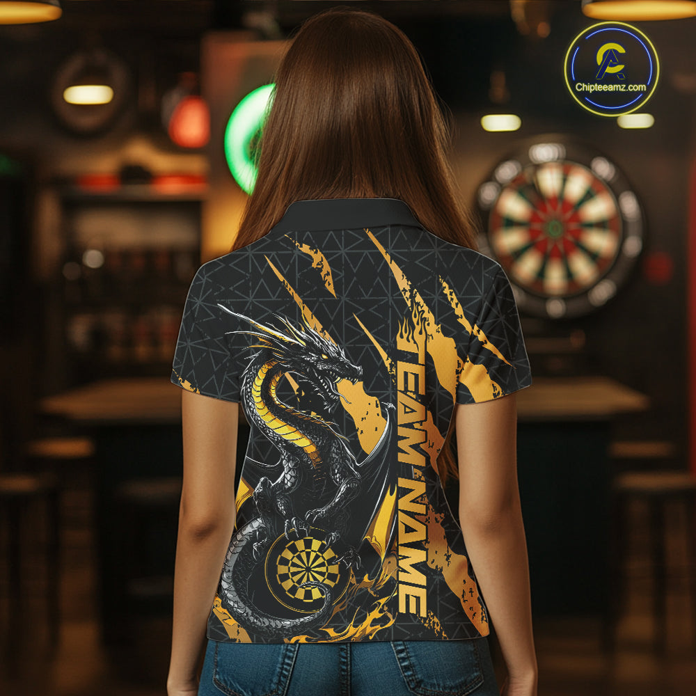 Custom Black And Gold Dragon Dart Women Polo Shirts, Team Dart Jerseys IPHW10751