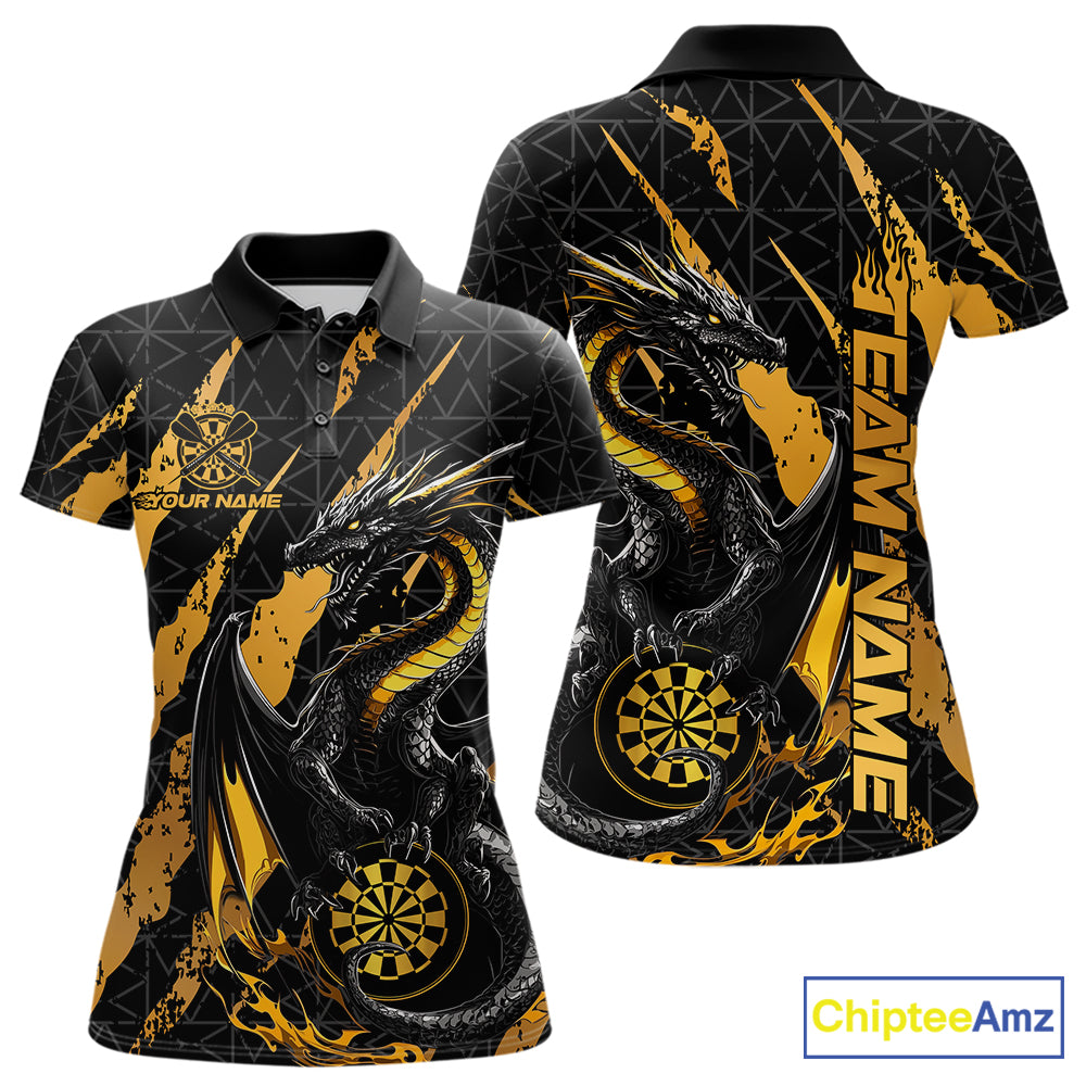 Custom Black And Gold Dragon Dart Women Polo Shirts, Team Dart Jerseys IPHW10751