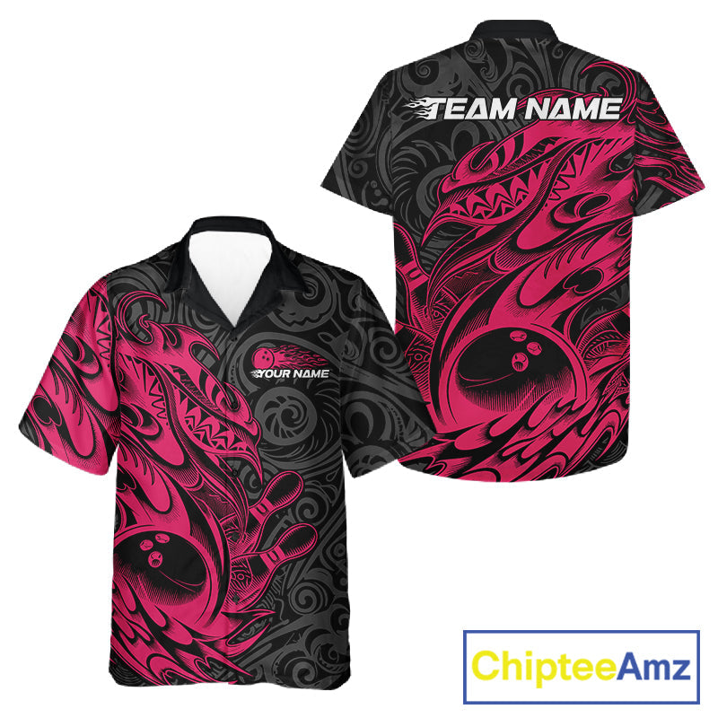 Custom Black And Pink Tribal Polynesian Bowling Team Men And Women Shirts, Niho Mano Bowling Shirt IPHW10755