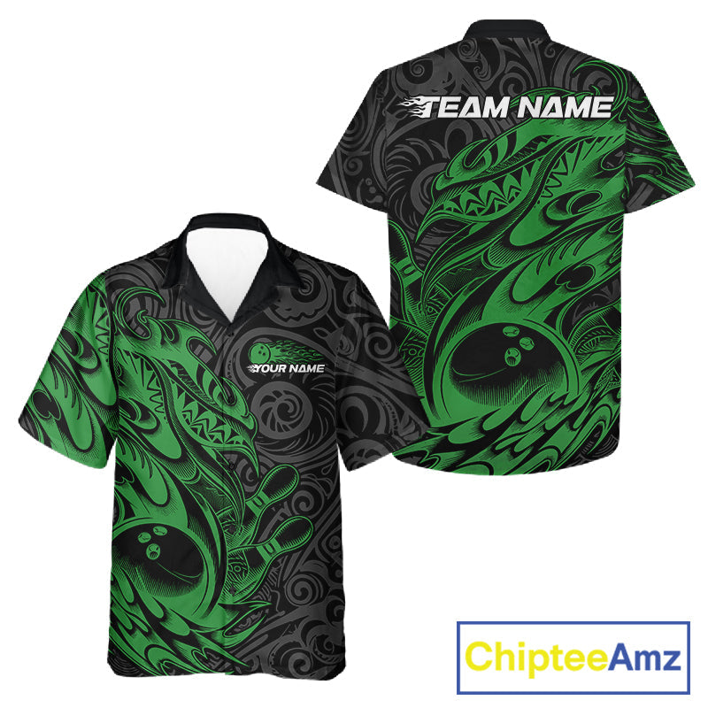 Custom Black And Green Tribal Polynesian Bowling Team Men And Women Shirts, Niho Mano Bowling Shirt IPHW10757