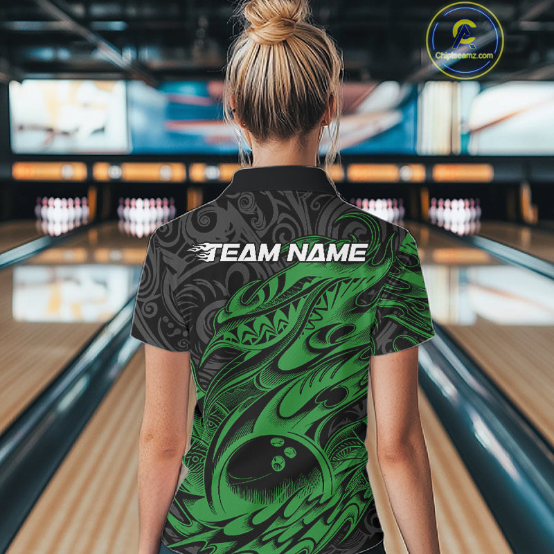 Custom Black And Green Tribal Polynesian Bowling Women Shirts, Niho Mano Bowling Shirt IPHW10757