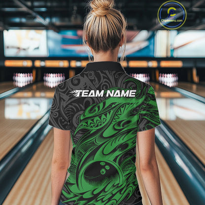 Custom Black And Green Tribal Polynesian Bowling Women Shirts, Niho Mano Bowling Shirt IPHW10757