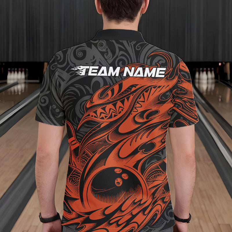 Custom Black And Orange Tribal Polynesian Bowling Team Men Shirts, Niho Mano Bowling Shirt IPHW10759