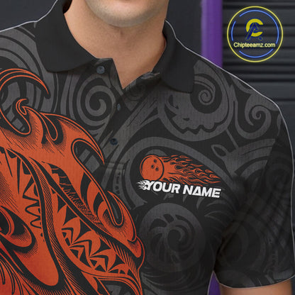 Custom Black And Orange Tribal Polynesian Bowling Team Men Shirts, Niho Mano Bowling Shirt IPHW10759