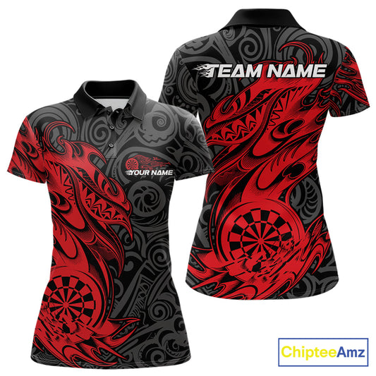 Custom Black And Red Tribal Polynesian Dart Team Women Shirts, Niho Mano Dart Shirt IPHW10760