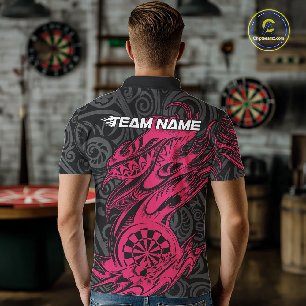 Custom Black And Pink Tribal Polynesian Dart Team Men Shirts, Niho Mano Dart Shirt IPHW10761