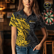 Load image into Gallery viewer, Custom Black And Yellow Tribal Polynesian Dart Team Women Shirts, Niho Mano Dart Shirt IPHW10763