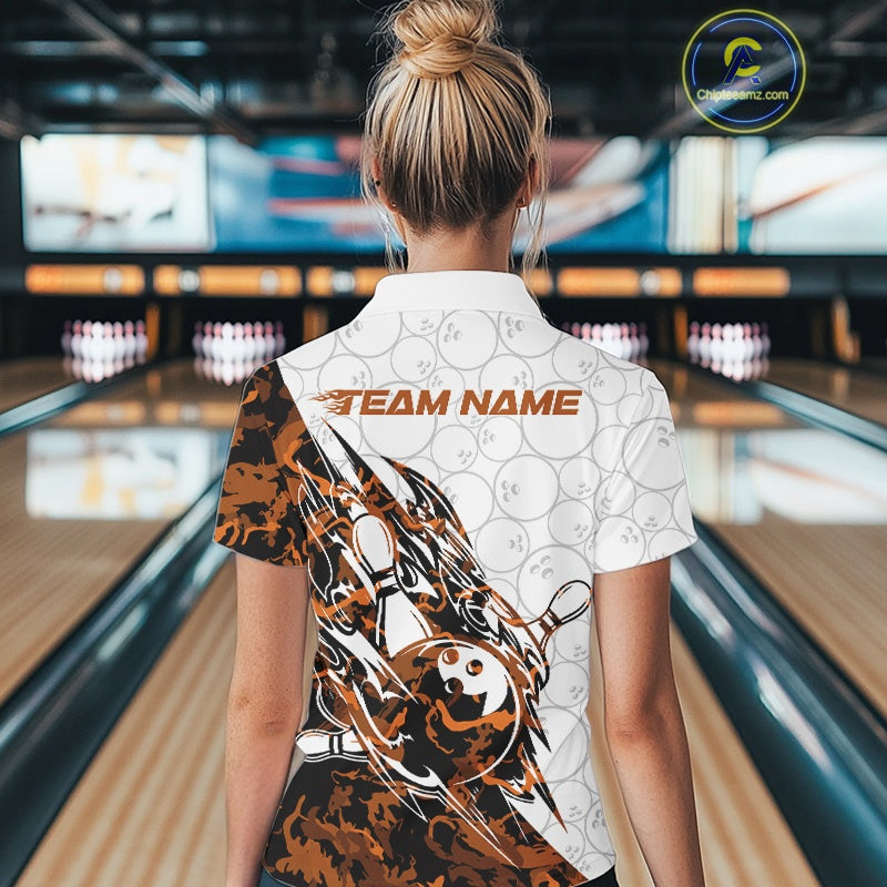 Back view of a female model in a white bowling quarter-zip shirt featuring yellow camo streak graphics and bowling elements.