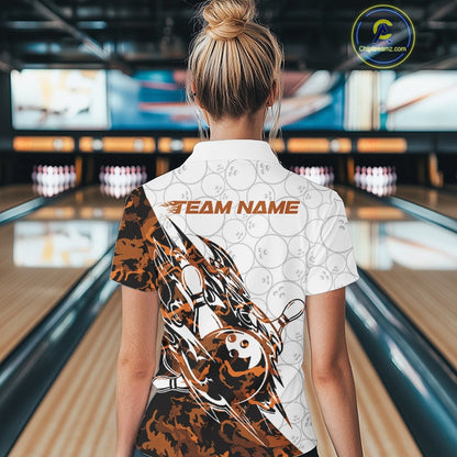 Back view of a female model in a white bowling quarter-zip shirt featuring yellow camo streak graphics and bowling elements.