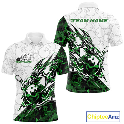 Front and back views of a white mens bowling polo shirt featuring bowling ball and pin graphics with sharp green camo streaks.
