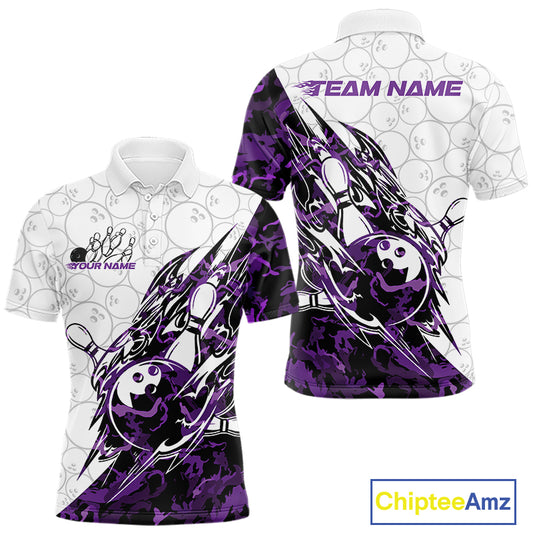 Front and back views of a white mens bowling polo shirt showcasing bowling pins and a ball with sharp purple camo streaks.