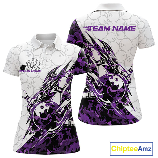 Front and back views of a white womens bowling polo shirt featuring bowling pins and a ball with sharp purple camo streaks.