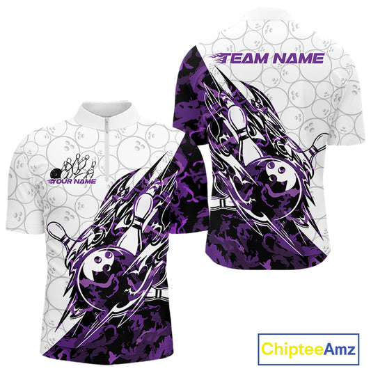 Front and back views of a white mens bowling quarter-zip shirt showcasing bowling pins and a ball with sharp purple camo streaks and a faint bowling ball pattern.