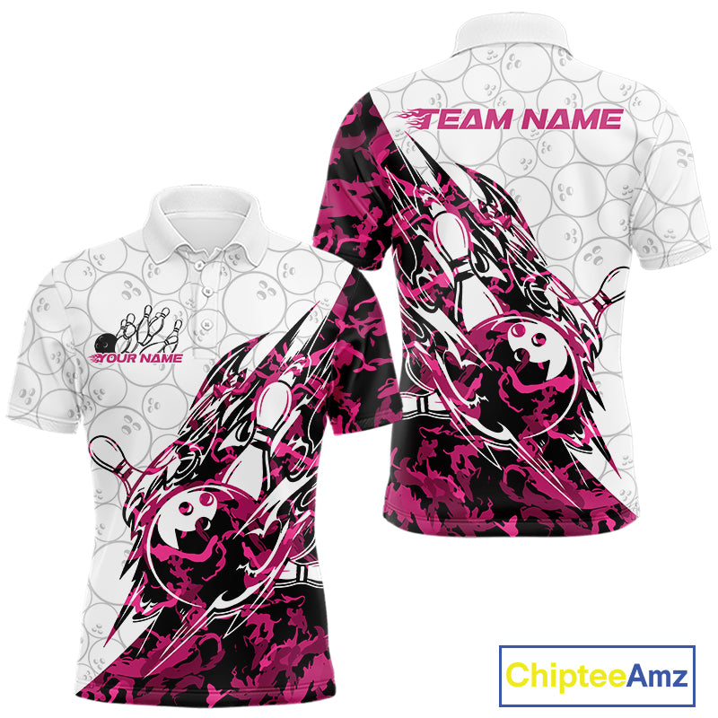 Front and back views of a white mens bowling polo shirt featuring bowling ball and pin artwork with sharp pink camo streaks.
