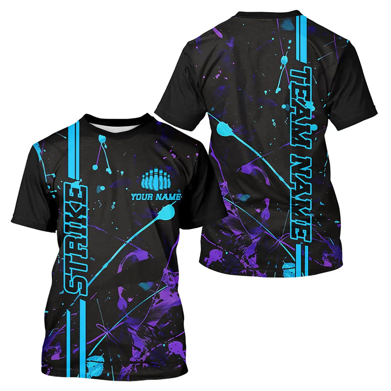 Custom Blue And Purple Strike Bowling Team Men T-Shirts, Camo Bowling League Jerseys IPHW6427