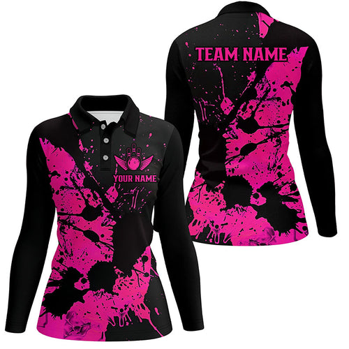 Custom Name Black And Pink Bowling Long Sleeve Polo Shirt For Women, Bowling League Jerseys IPHW6433