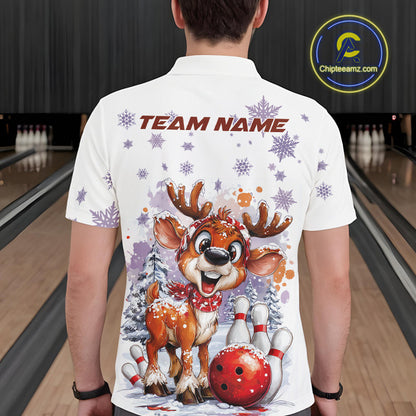Custom Cute Funny Reindeer Christmas Bowling Men Polo Shirts, Xmas Team Bowling Shirt IPHW10112