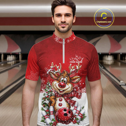 Custom Cute Funny Reindeer Christmas Bowling Men Quarter-Zip Shirts, Xmas Team Bowling Outfit IPHW10115