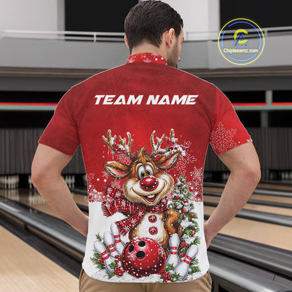 Custom Cute Funny Reindeer Christmas Bowling Men Quarter-Zip Shirts, Xmas Team Bowling Outfit IPHW10115