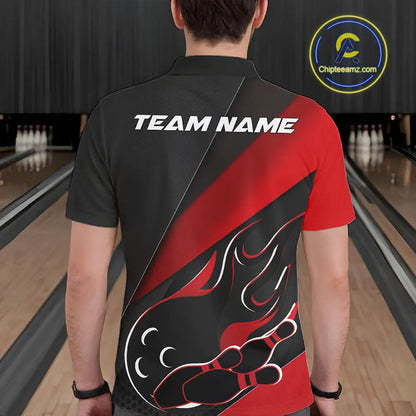 Custom Black And Red Flame Bowling Men Polo Shirt, Team Bowling League Shirt IPHW10254