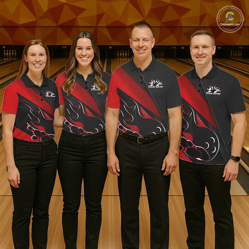 Custom Black And Red Flame Bowling Men Polo Shirt, Team Bowling League Shirt IPHW10254