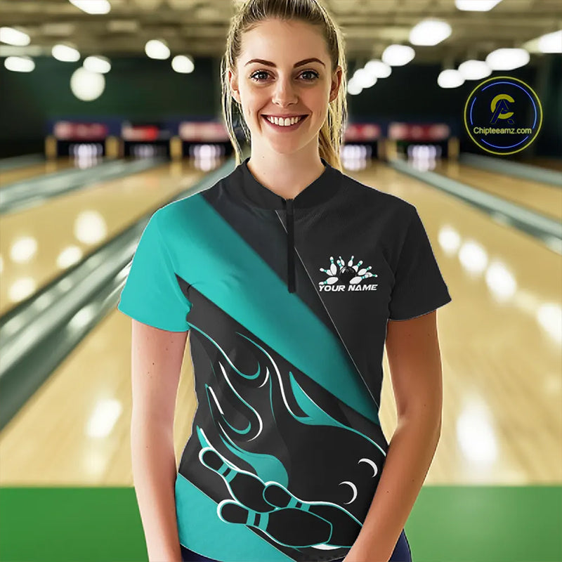 Custom Black And Turquoise Blue Flame Bowling Women Shirt, Team Bowling League Shirt IPHW10255