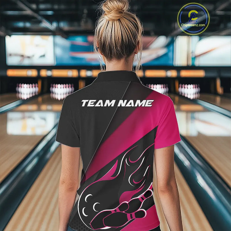 Custom Black And Pink Flame Bowling Women Polo Shirt, Team Bowling League Shirt IPHW10256