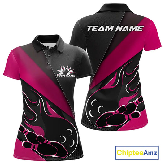 Custom Black And Pink Flame Bowling Women Polo Shirt, Team Bowling League Shirt IPHW10256