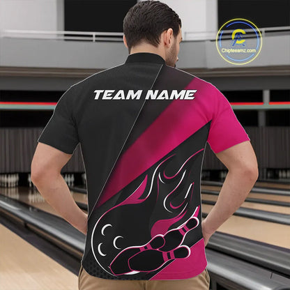 Custom Black And Pink Flame Bowling Men Quarter-Zip Shirt, Team Bowling League Shirt IPHW10256