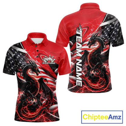 Custom Red Thunder Lightning Patriotic Dragon Bowling Shirts, Freedom US Flag Bowling Jerseys Bowlers Outfit IPHW10480