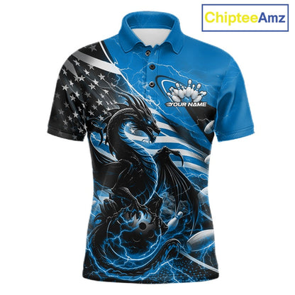 Custom Blue Thunder Lightning Patriotic Dragon Bowling Shirts, Freedom US Flag Bowling Jerseys Bowlers Outfit IPHW10481