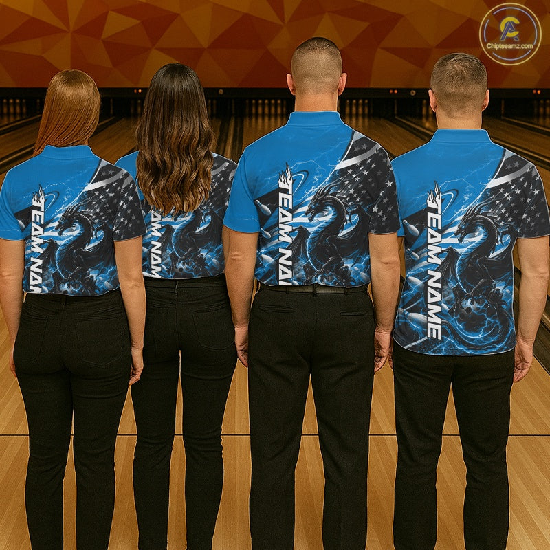 Custom Blue Thunder Lightning Patriotic Dragon Bowling Shirts, Freedom US Flag Bowling Jerseys Bowlers Outfit IPHW10481