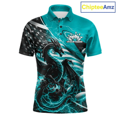 Custom Turquoise Blue Thunder Lightning Patriotic Dragon Bowling Shirts, Freedom US Flag Bowling Jerseys IPHW10482