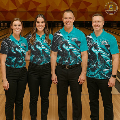 Custom Turquoise Blue Thunder Lightning Patriotic Dragon Bowling Shirts, Freedom US Flag Bowling Jerseys IPHW10482