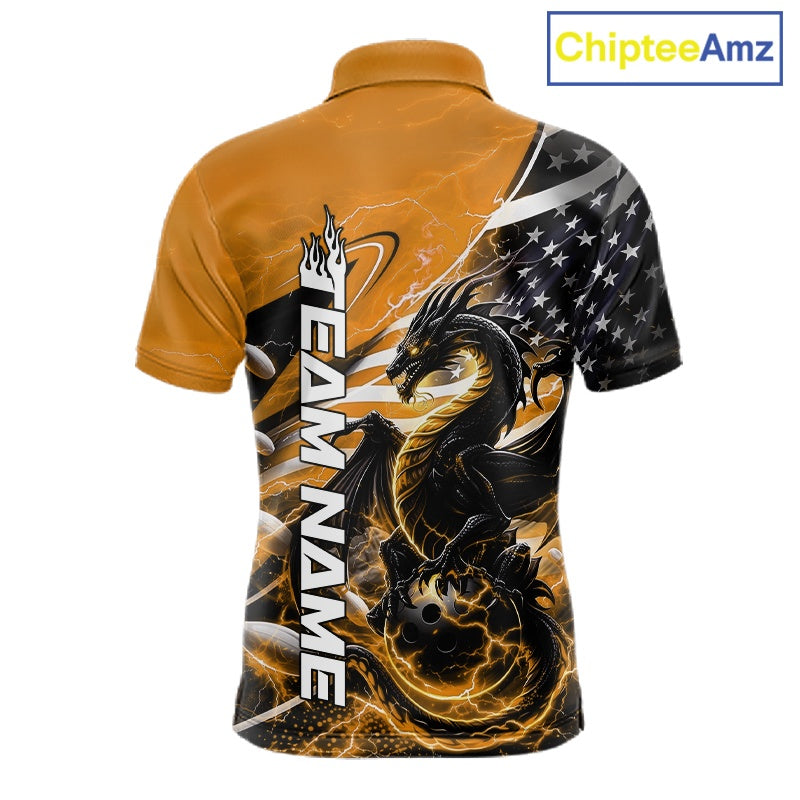 Custom Yellow Thunder Lightning Patriotic Dragon Bowling Shirts, Freedom US Flag Bowling Jerseys Bowlers Outfit IPHW10483