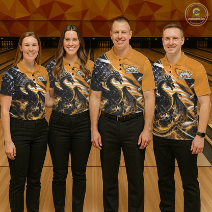 Custom Yellow Thunder Lightning Patriotic Dragon Bowling Shirts, Freedom US Flag Bowling Jerseys Bowlers Outfit IPHW10483