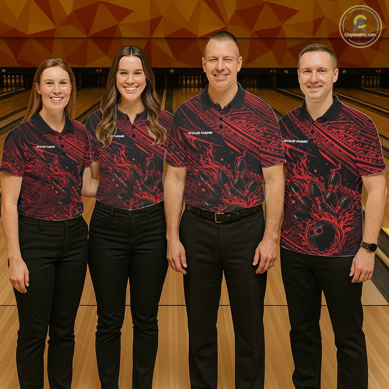 Custom Black And Red Tribal Flame Bowling Ball Bowling Team Shirts, Polynesian Bowling Tournament Shirt IPHW10486