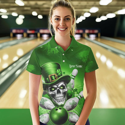 Custom Green Leprechaun Skull St Patricks Bowling Polo Shirt For Women, Lucky Bowling Shirt IPHW8595