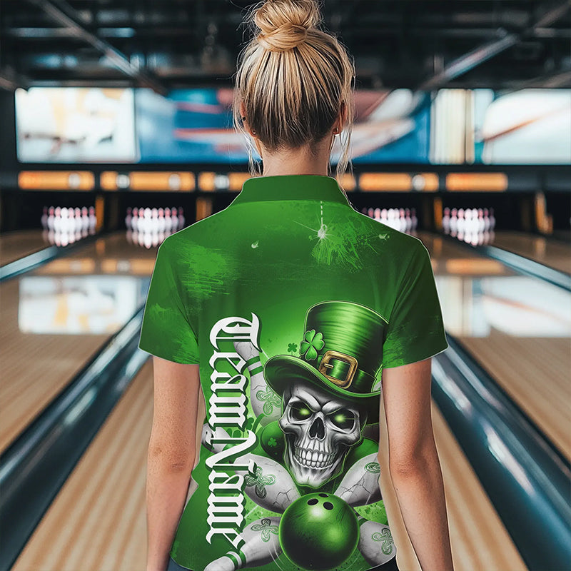 Custom Green Leprechaun Skull St Patricks Bowling Polo Shirt For Women, Lucky Bowling Shirt IPHW8595