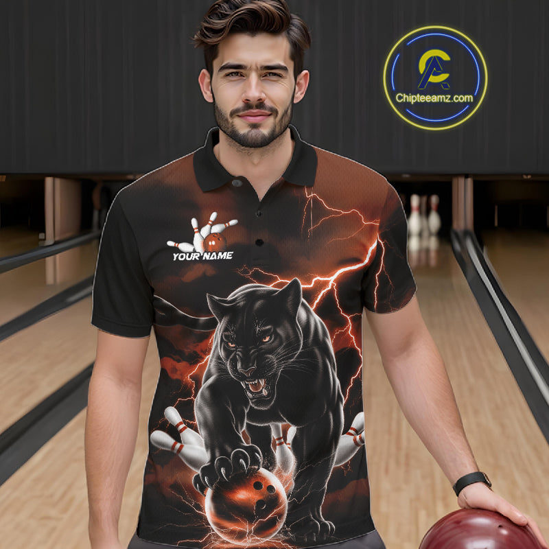 Orange Thunder Lightning Custom Panther Men Bowling Polo Shirts, Panther Bowling Jerseys IPHW10791