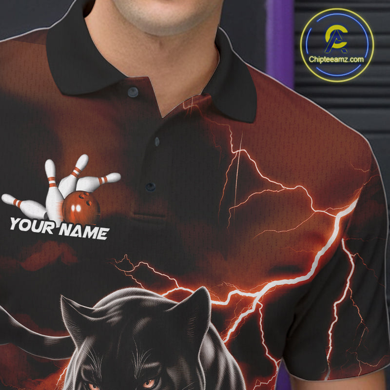 Orange Thunder Lightning Custom Panther Men Bowling Polo Shirts, Panther Bowling Jerseys IPHW10791