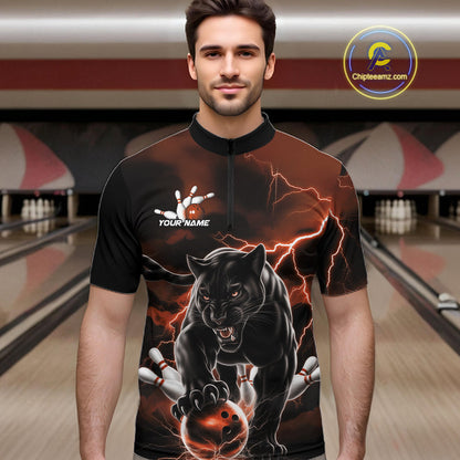 Orange Thunder Lightning Custom Panther Men Bowling Quarter-Zip Shirts, Panther Bowling Jerseys IPHW10791
