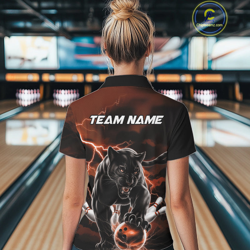 Orange Thunder Lightning Custom Panther Women Bowling Shirts, Panther Bowling Jerseys IPHW10791