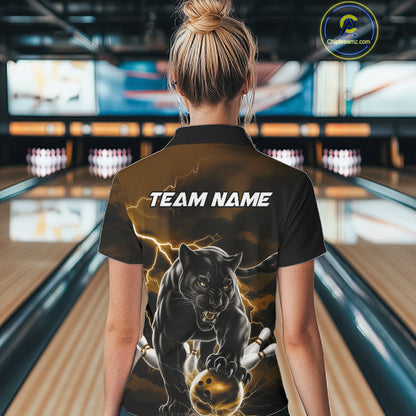 Yellow Thunder Lightning Custom Panther Women Bowling Polo Shirts, Panther Bowling Jerseys IPHW10792