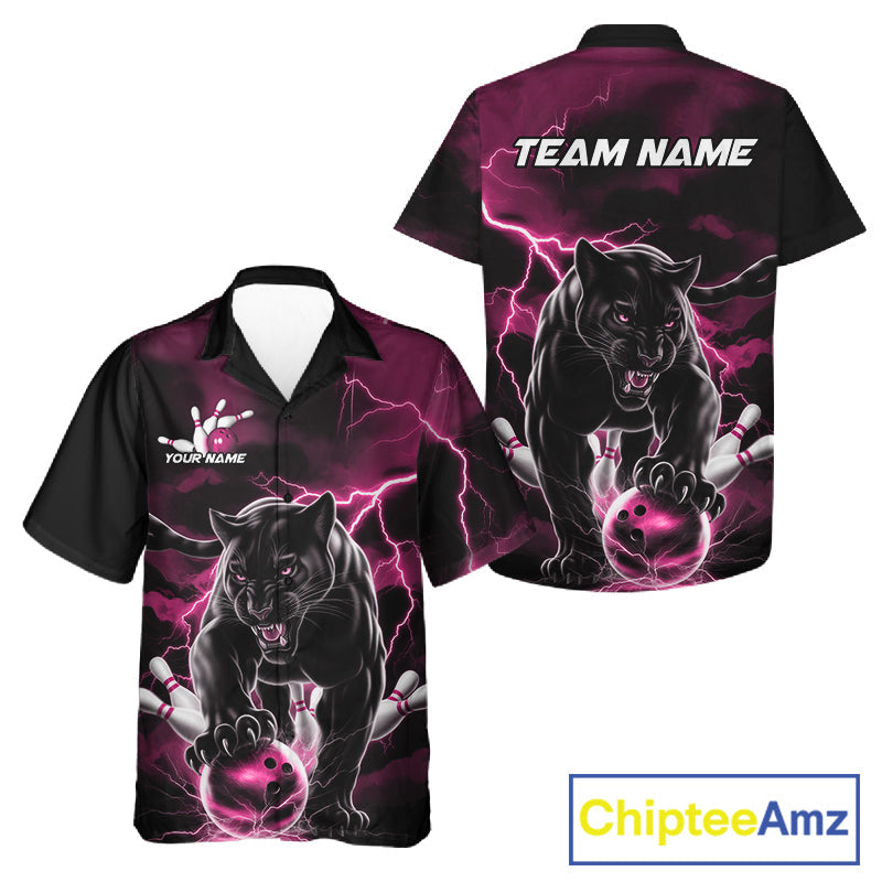 Pink Thunder Lightning Custom Panther Men And Women Bowling Hawaiian Shirts, Panther Bowling Jerseys IPHW10794