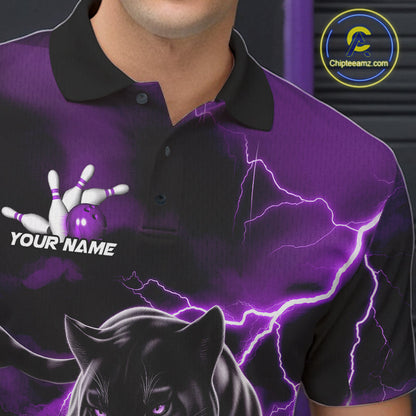 Purple Thunder Lightning Custom Panther Men Bowling Polo Shirts, Panther Bowling Jerseys IPHW10795