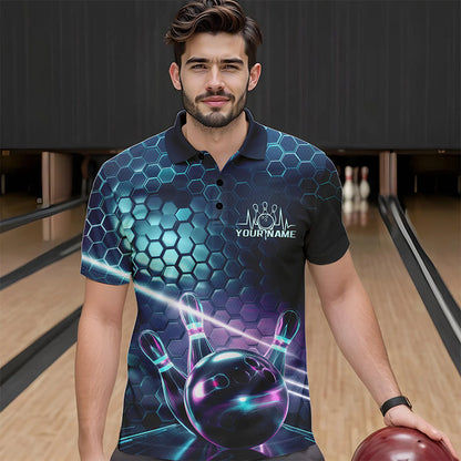 Custom Blue And Purple Holographic Bowling Team Polo Shirts For Men, Bowlers Outfit IPHW8901