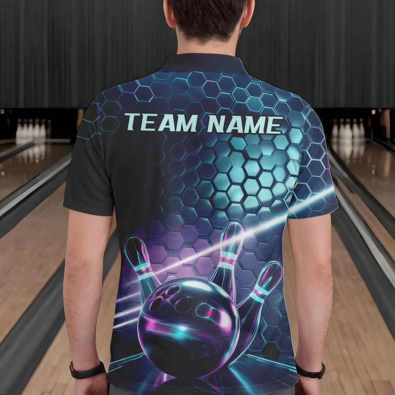 Custom Blue And Purple Holographic Bowling Team Polo Shirts For Men, Bowlers Outfit IPHW8901