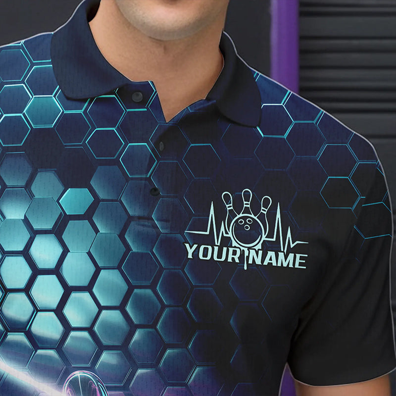 Custom Blue And Purple Holographic Bowling Team Polo Shirts For Men, Bowlers Outfit IPHW8901